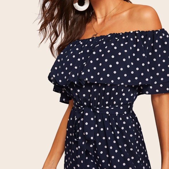 Navy Blue Polka Dot Off Shoulder Belted Jumpsuit - Picture 5 of 7